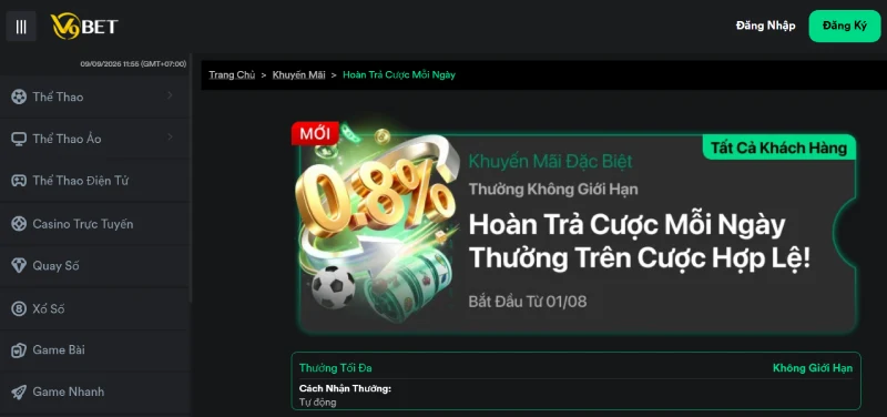 Khuyến mãi Hoàn trả cược mỗi ngày dựa trên cược hợp lệ trên V9BET